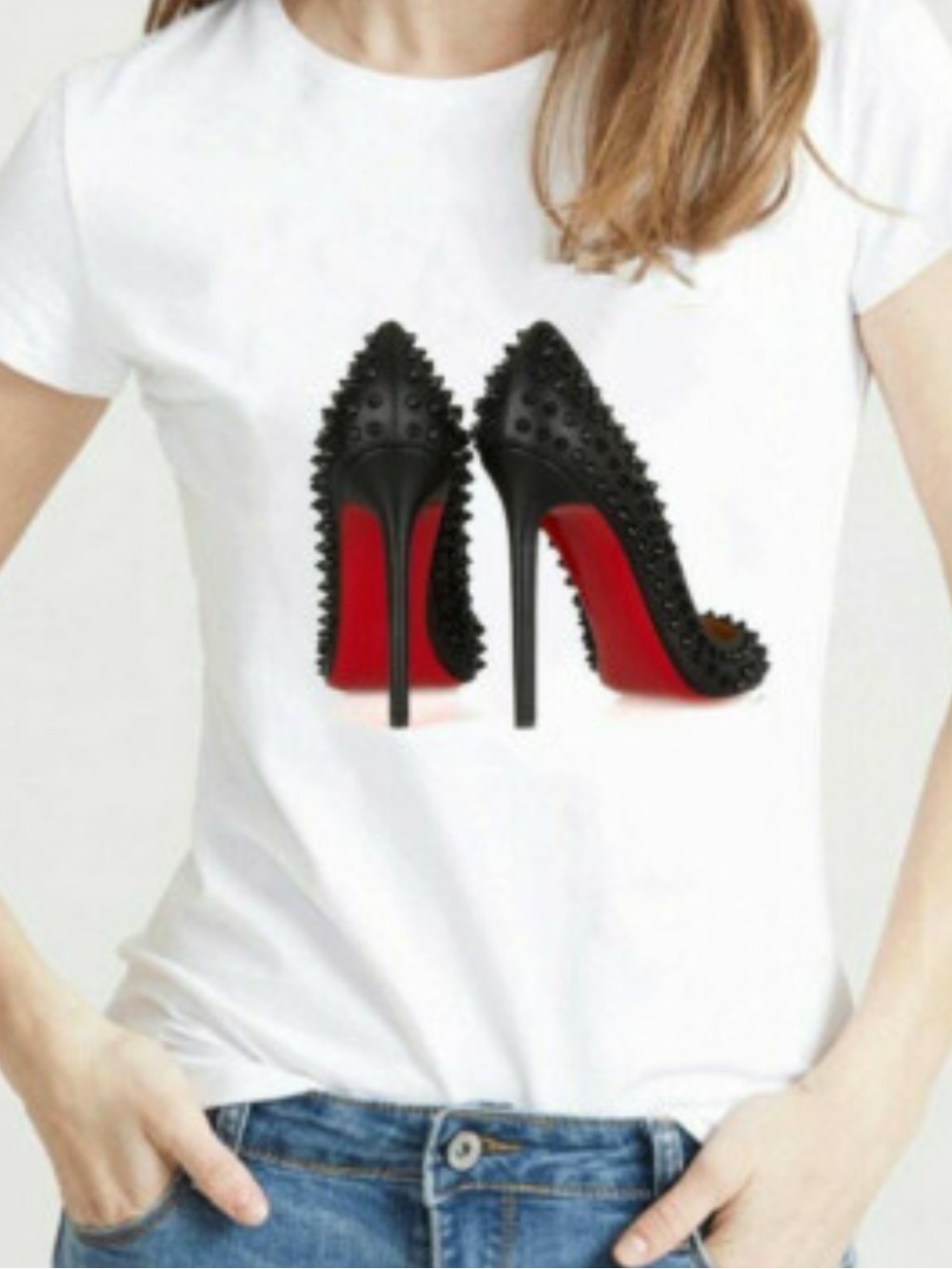 🎈SHEIN🎈RED BOTTOM, STUDDED HEELS, ROUND NECK TEE. NWOT!EXCELLENT CONDITION! - Picture 1 of 6